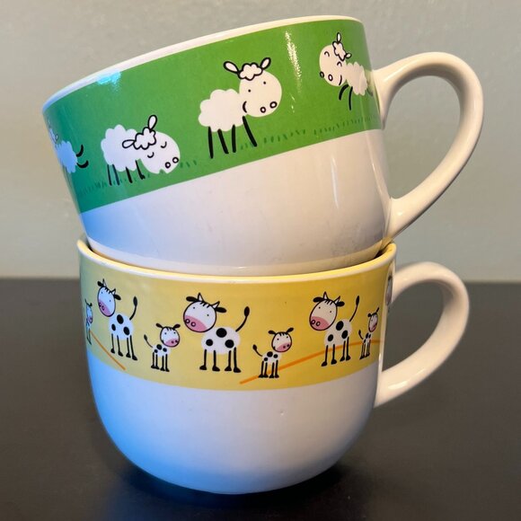 Set of 2 COW and SHEEP Oversized Wide-Mouth Ceramic Mugs / Bowls ~ Farm Animals - Picture 1 of 13